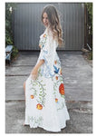 European and American Autumn New Flower Embroidery V Neck Large Flare Sleeve Dress Long Dress