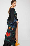 European and American Autumn New Flower Embroidery V Neck Large Flare Sleeve Dress Long Dress