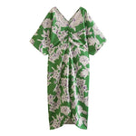 European and American New Fashion Elegant V neck Half Sleeve Green Printed Loose Dress for Women