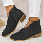 Fashion V-cut Ankle Boots With Side Zipper Round Toe Square Heel Suede Boot For Women Shoes Winter