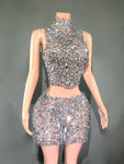 Catwalk Banquet Two-piece Set Full Diamond Luxury Rhinestone Waist Slimming Sheath Short Gowns