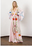 European and American Autumn New Flower Embroidery V Neck Large Flare Sleeve Dress Long Dress