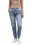 Casual Jeans Light Blue Elastic Waist String Trousers