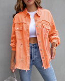 Women's Oversized Frayed Lightweight Denim Jacket Button Down Ripped Distressed Jean Shacket