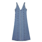 New European and American Style Denim Fashion Midi Suspender Dress