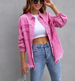 Women's Oversized Frayed Lightweight Denim Jacket Button Down Ripped Distressed Jean Shacket