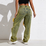 Shascullfites Melody Yellow Wash Streetwear Split Loose Straight Jeans Y2K Ripped Retro Women Denim Pants