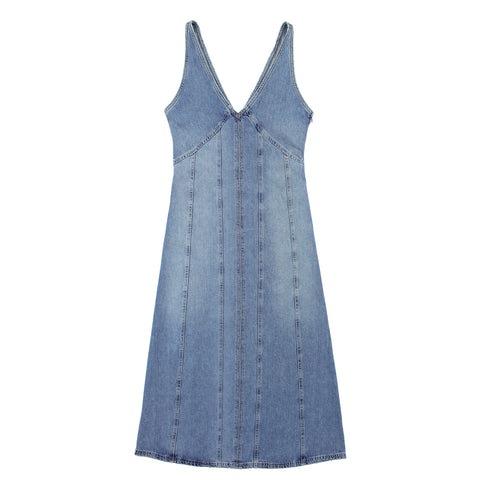 New European and American Style Denim Fashion Midi Suspender Dress