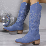 Women's Embroidered Round Head Chunky Heel Boots