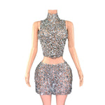 Catwalk Banquet Two-piece Set Full Diamond Luxury Rhinestone Waist Slimming Sheath Short Gowns