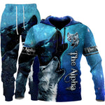 3D Wolf Print Tracksuit Men Sportswear Hooded Sweatsuit Two Piece Outdoors Running Fitness Mens Clothing Jogging Set