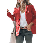 Elegant Slim-fit Lapel Single Breasted Solid Color PU Leather Long-sleeved Top