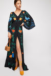 European and American Autumn New Flower Embroidery V Neck Large Flare Sleeve Dress Long Dress