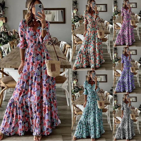 European And American Women's Temperament Vacation V-neck Printing Swing Long Dress