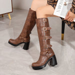 Square Toe Platform Belt Buckle Thick High Heel High Leg Martin Boots