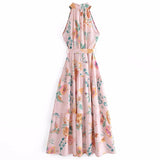 European and American New Fashion Sexy Sleeveless Hanging Neck Print Waist Pulling Dress Womens Long Dress