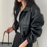 Lapel Double Zipper Pocket Long Sleeve Leather Coat