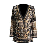 French Court Style Beaded Small Suit Autumn V-Neck Long-Sleeved Print Splicing Jacket Women