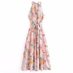 European and American New Fashion Sexy Sleeveless Hanging Neck Print Waist Pulling Dress Womens Long Dress