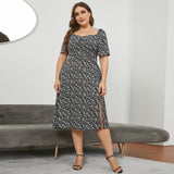 New Large Size Women French Square Neck Waist Open Long Floral Dresses Summer JR5031