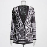 French Court Style Beaded Small Suit Autumn V-Neck Long-Sleeved Print Splicing Jacket Women