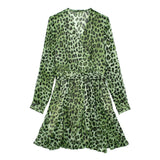 European And American Spring New Fashion Elegant V Neck Long Sleeve Animal Pattern Green Waist Dress For Women