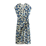 European and American New Fashion Elegant V neck Short Sleeve Blue Printed Split Dress for Women