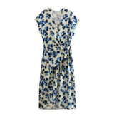 European and American New Fashion Elegant V neck Short Sleeve Blue Printed Split Dress for Women