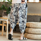 Harajuku Summer Loose Calf Length Casual Pants Men Wide Leg Cotton Linen Printing Baggy Pants Oversize Men's Trousers