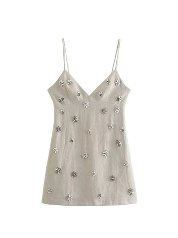 Nlzgmsj TRAF Women 2024 Chic Fashion Sleeveless Lnlay Mini Dress Vintage Thin Straps Summer Female Dresses Vestidos Mujer