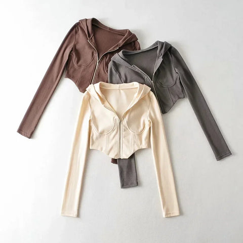 Hooded Sweatshirts Spring/autumn Zipper Cardigan Jacket Ultra-short Ins High Waist Exposed Navel Fishbone Corset To Show Chest