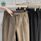 Autumn Winter Suit Pants Men Thick Business Elastic Waist Classic Grey Brown Woolen Straight Korean Formal Trousers Male 27-38