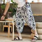 Harajuku Summer Loose Calf Length Casual Pants Men Wide Leg Cotton Linen Printing Baggy Pants Oversize Men's Trousers