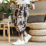 Harajuku Summer Loose Calf Length Casual Pants Men Wide Leg Cotton Linen Printing Baggy Pants Oversize Men's Trousers