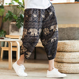 Harajuku Summer Loose Calf Length Casual Pants Men Wide Leg Cotton Linen Printing Baggy Pants Oversize Men's Trousers