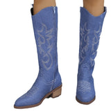 Women's Embroidered Round Head Chunky Heel Boots