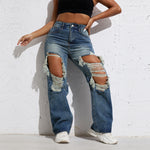 Shascullfites Melody Blue Wash Ripped Retro Stright Leg Jeans Women's Pants Denim Pants Jeans Wide Streetwear