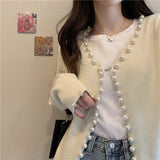 Women's Round Neck Pearl Trim Short Long Sleeve Coat