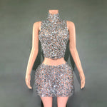 Catwalk Banquet Two-piece Set Full Diamond Luxury Rhinestone Waist Slimming Sheath Short Gowns