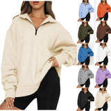 Women Sweatshirts Zip Turndown Collar Loose Casual Tops Clothes