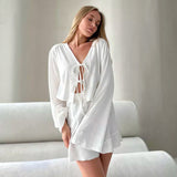 Autumn White Hollow-out Jacquard Knitted Pajamas Two-piece Set