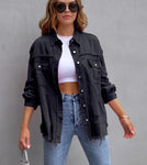 Women's Oversized Frayed Lightweight Denim Jacket Button Down Ripped Distressed Jean Shacket