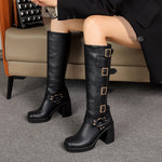 Square Toe Platform Belt Buckle Thick High Heel High Leg Martin Boots