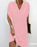 V-neck Pleated Batwing Sleeve Dress