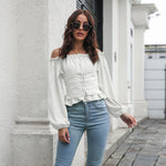 Front Tie Back Elastic Lantern Sleeves Word Collar Waist Short Top Women Long Sleeved Chiffon Shirt