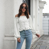 Front Tie Back Elastic Lantern Sleeves Word Collar Waist Short Top Women Long Sleeved Chiffon Shirt