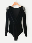 Beaded Shoulder Surplice Velvet Bodysuit - shop.livefree.co.uk