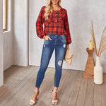 Autumn New Shirt Women's Fashion Plaid Round Neck Shirt Trendy