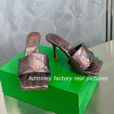 Silver Laser Woven Leather Woman Slipper Summer New Square Toe Thin High Heel Party Holiday Mule Designer One Strap Shoe Woman