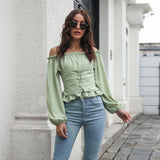 Front Tie Back Elastic Lantern Sleeves Word Collar Waist Short Top Women Long Sleeved Chiffon Shirt